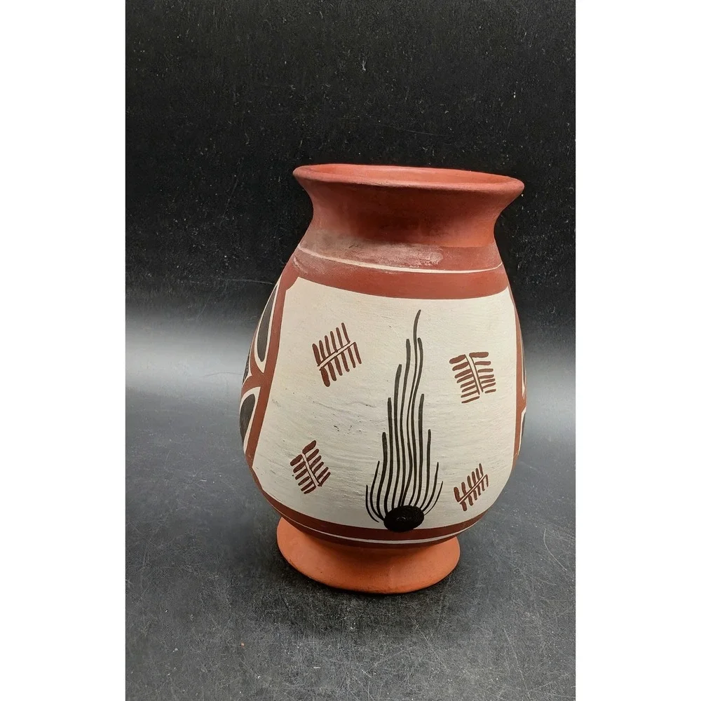 Hand Painted Terracotta Pottery Vase Geometric Tribal Red White Black 5
